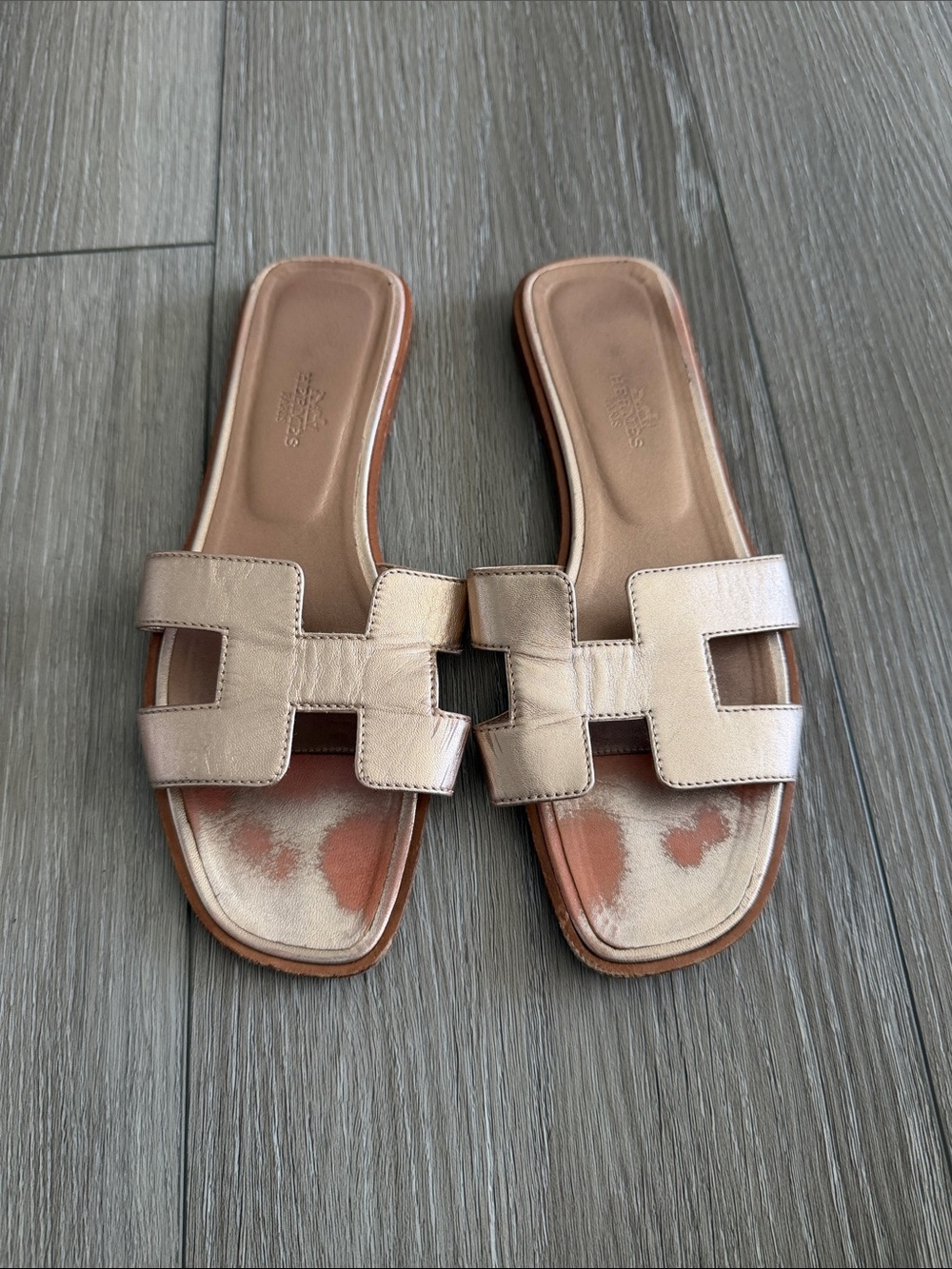 Hermes Metallic Rose Gold H Logo Slide Sandals